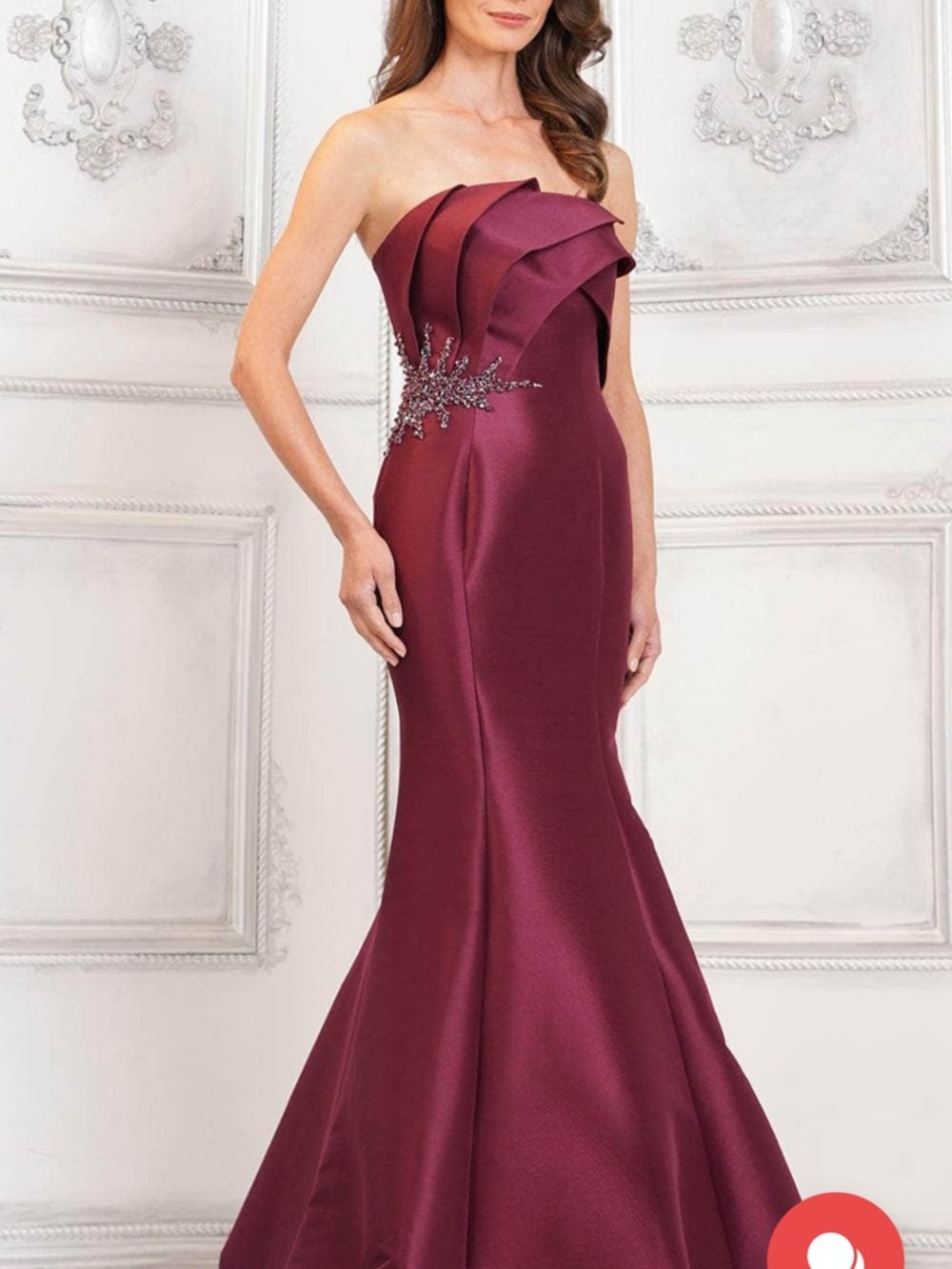 Strapless Burgundy Evening Gown with Sculpted Bodice